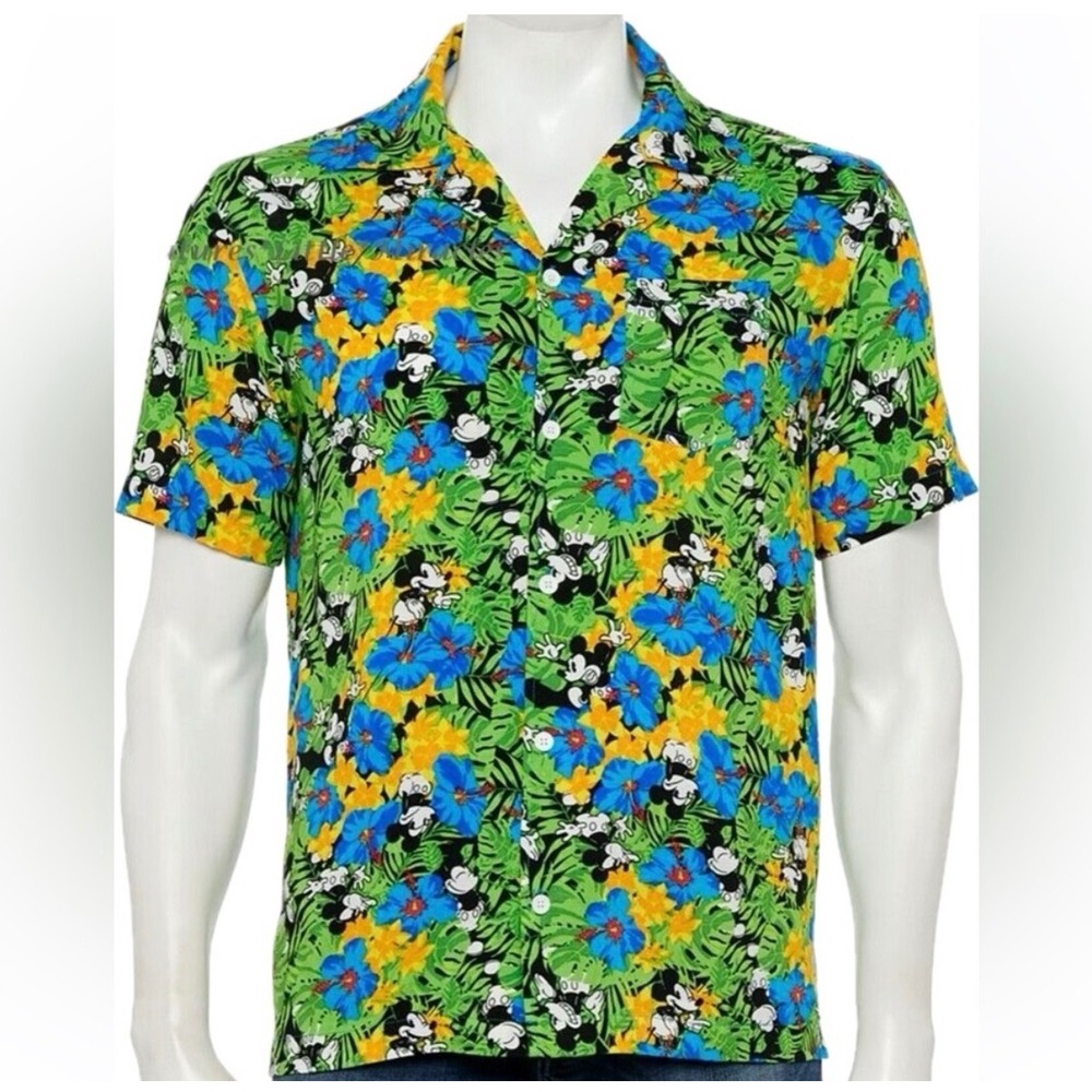 Disney Mickey Mouse Tropical Hawaiian Floral Button Up Shirt Mens Medium Rayon